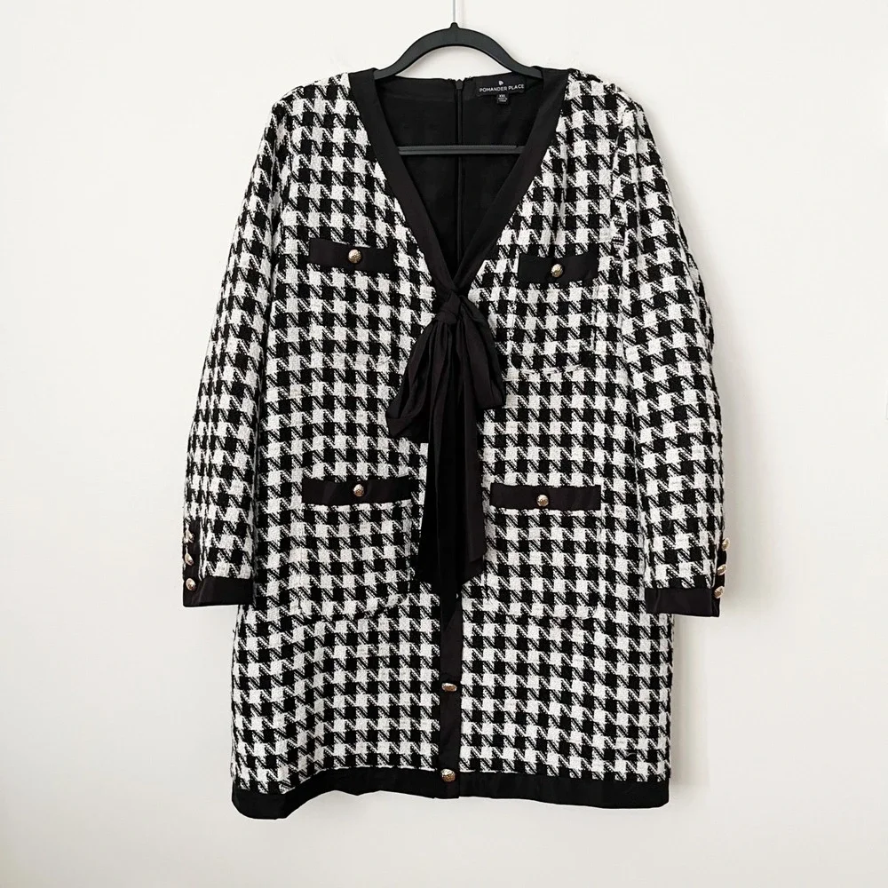 Tuckernuck Pomander Place Coco Tweed Houndstooth Bow Dress XXL Black White‎